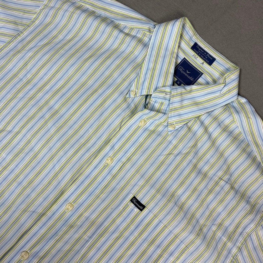 Faconnable Button Down Shirt Striped Long Sleeve Mens XL Blue Green White